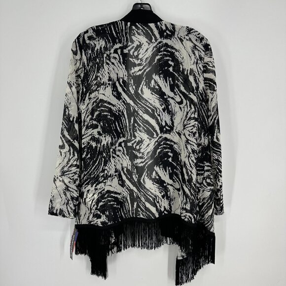 R&M Richards Sheer Jacket Top Open Cardigan Fringe Abstract Print Black Cream - Picture 2 of 8